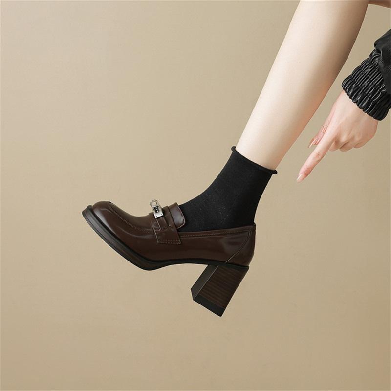 Treasure of the Town Store! Soft To Explode! Retro British JK Round Head Lock Thick Heel Loafers Deep High Heels Single Shoes