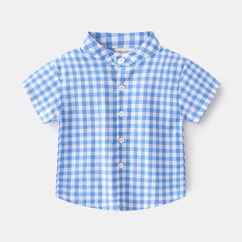 Summer Boys' Lapel Casual Short-Sleeved Top K-style Kids Fashion Small Gingham Baby Stand Collar Button Shirt