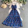 French floral suspender dress women's summer new sexy backless waist thin pleated pendulum dress