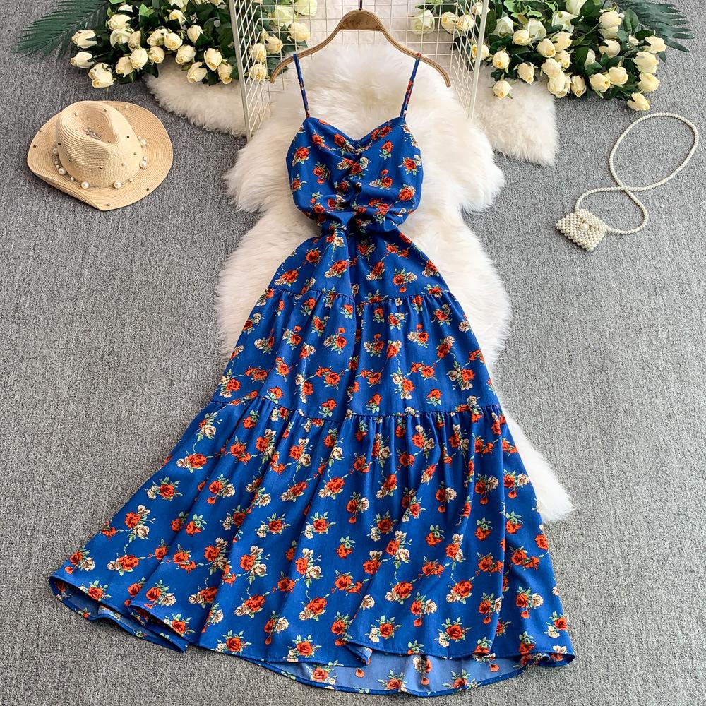 French floral suspender dress women's summer new sexy backless waist thin pleated pendulum dress