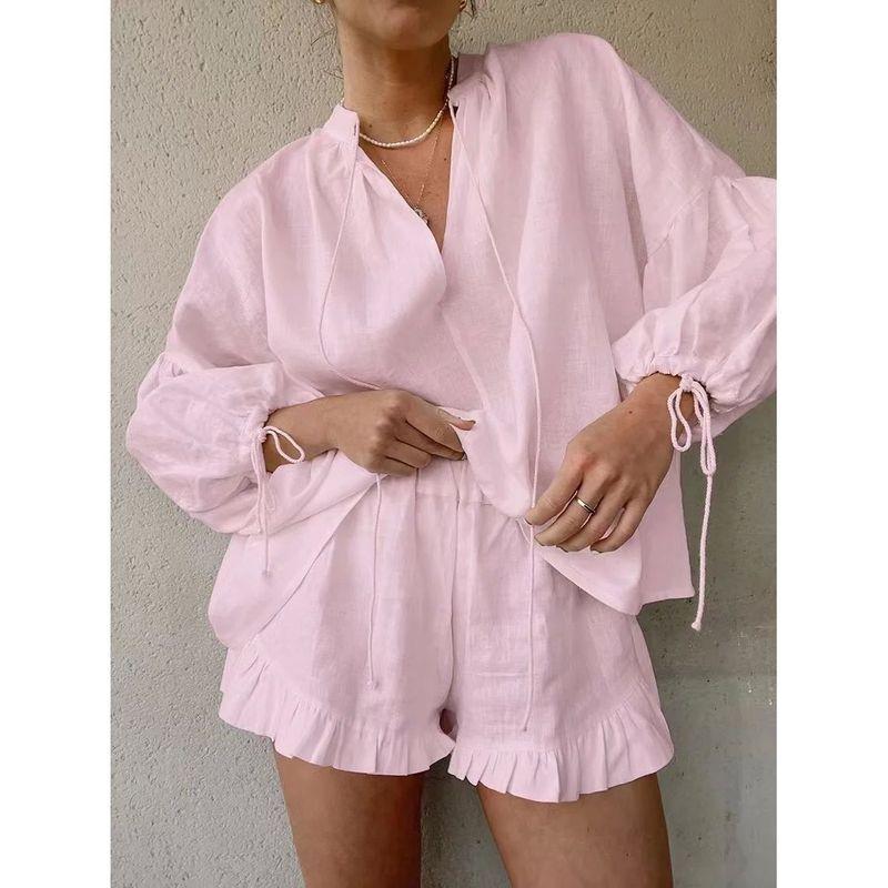 

V-neck Lantern Sleeve Shorts Two-piecesetV Collar Lantern Sleeve Shorts Two-piece Set Pink TZ203 2XL