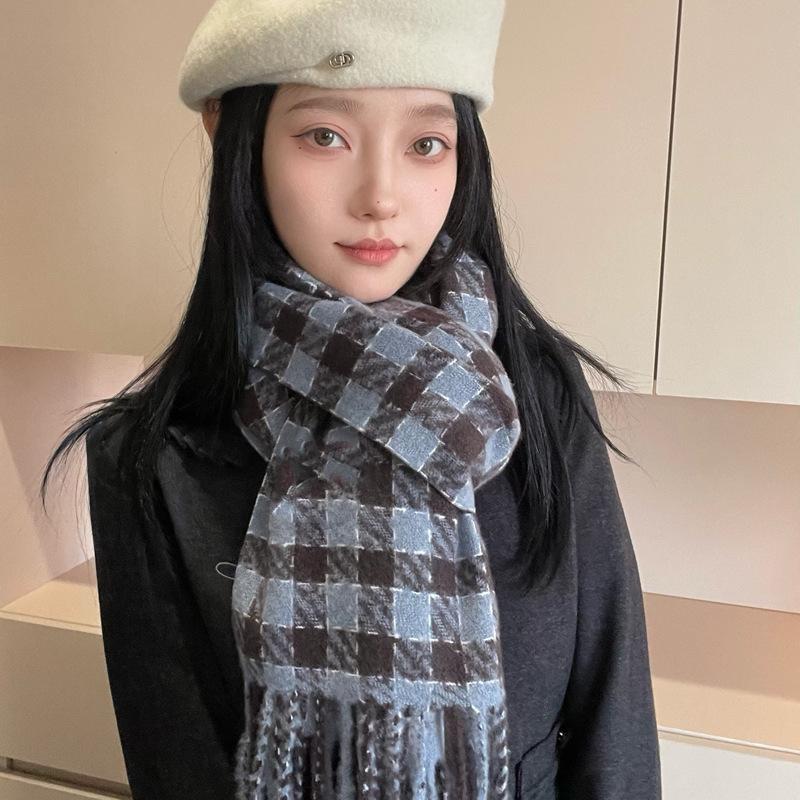 Women's Faux Cashmere Plaid Scarf - Korean Style, Thick & Warm Autumn/Winter Shawl