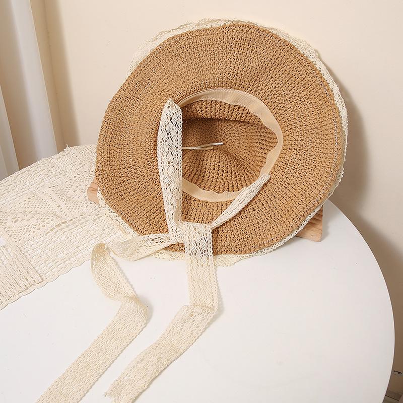 Elegant Lace-Trimmed Wide Brim Straw Hat for Women - Breathable, Sun-Protective Beach Cap with Hollow Design, Summer, Woven, Sunshade