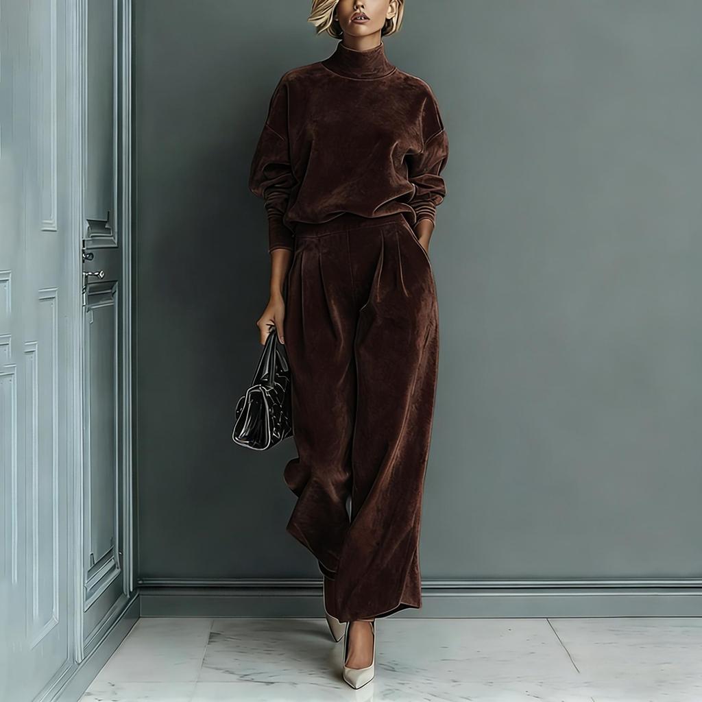 2025 Autumn/Winter Women's High-End Fashion Knit Two-Piece Set: Long Sleeve Top & Wide-Leg Pants