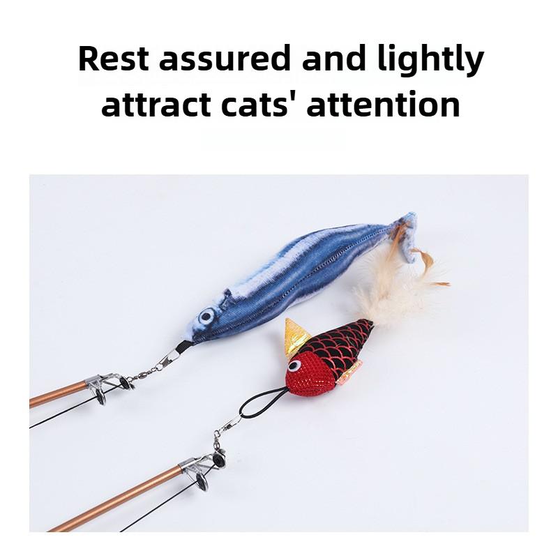 Retractable Cat Teaser Wand Interactive Fishing Rod Toy with Feather Fish Lure Durable Play Pole for Kittens Cats