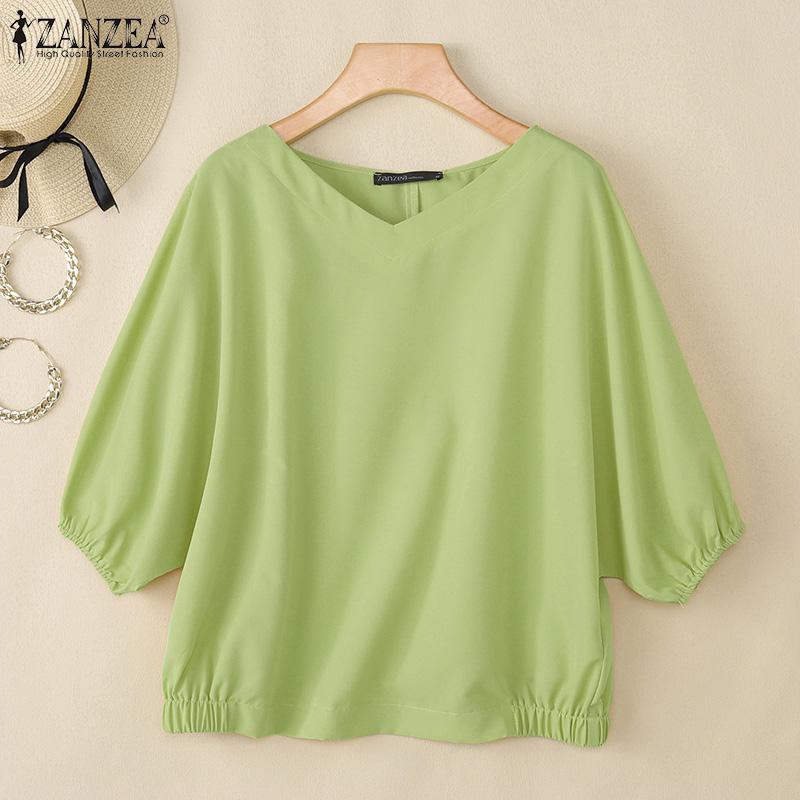 ZANZEA Damen Sommer V-Ausschnitt Unifarben 3/4 Ärmel Lässige Bluse
