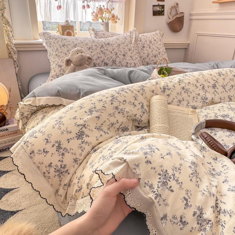 2026 Faux Cotton Washed Lace Bedding Set Floral Duvet Cover