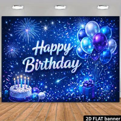 2D Alles Gute zum Geburtstag Fotografie Hintergrund, Blaues Luftballon & Feuerwerk Thema Party Banner