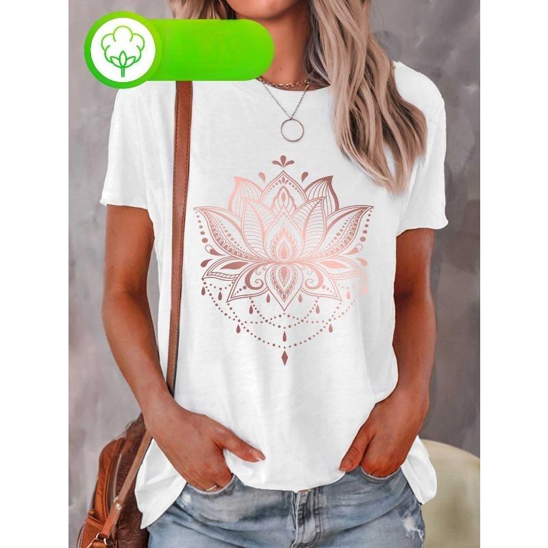 Boho Blumenmuster T-Shirt Damen Kurzarm Rundhals Lässiges Boho Blumenprint T-Shirt