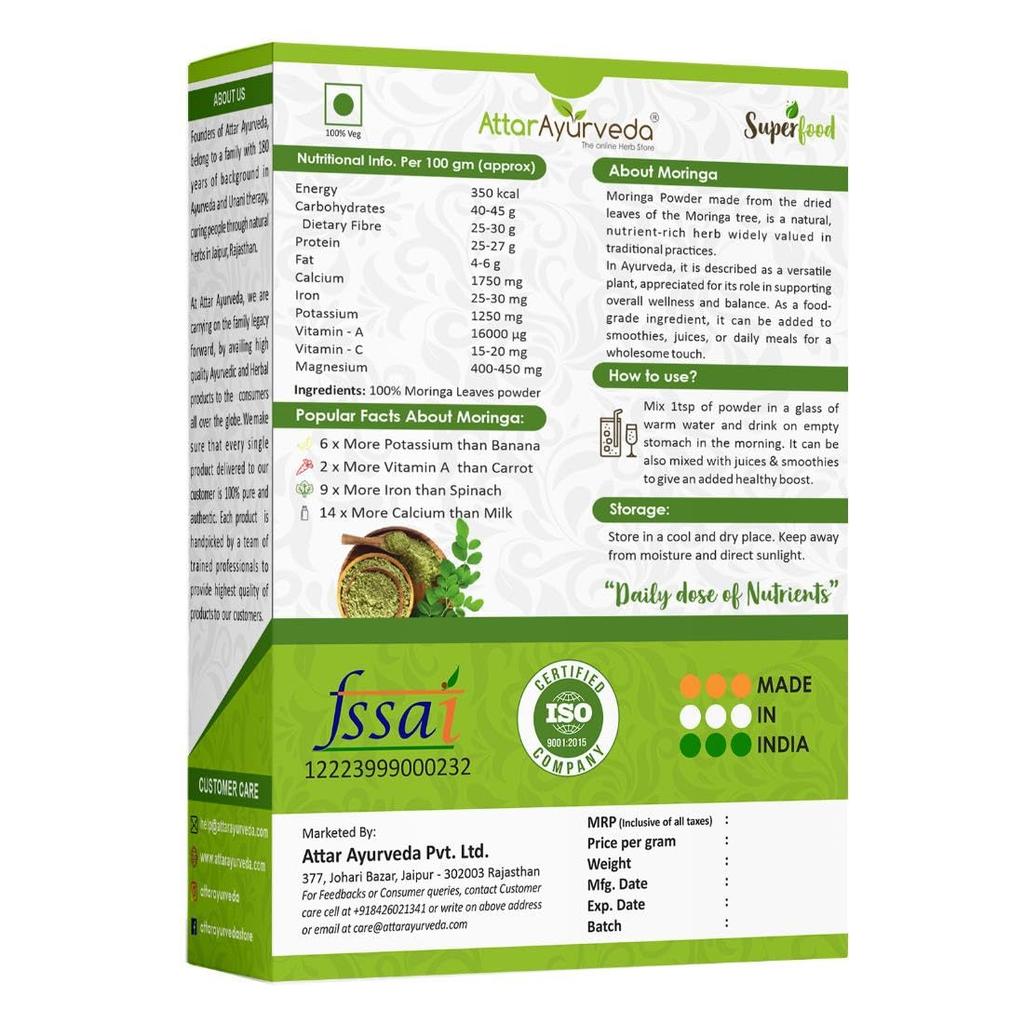 Attar Ayurveda Moringa Leaf Powder 200 g Drumstick Leaf Powder Natural Plant Protein Superfood Hair Skin Wellness