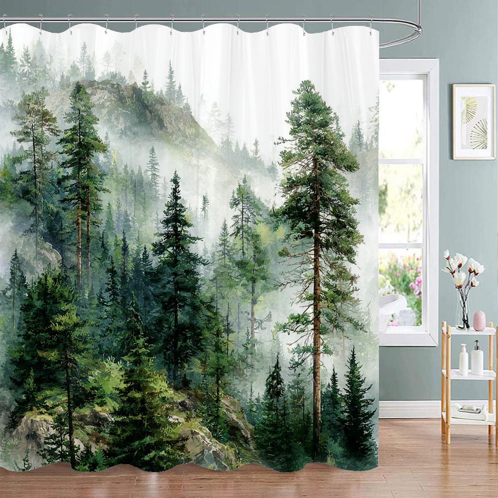 Misty Forest Scenery Shower Curtain, Bathtub Bathroom Decorative Shower Curtain, Waterproof Shower Curtain With Hooks