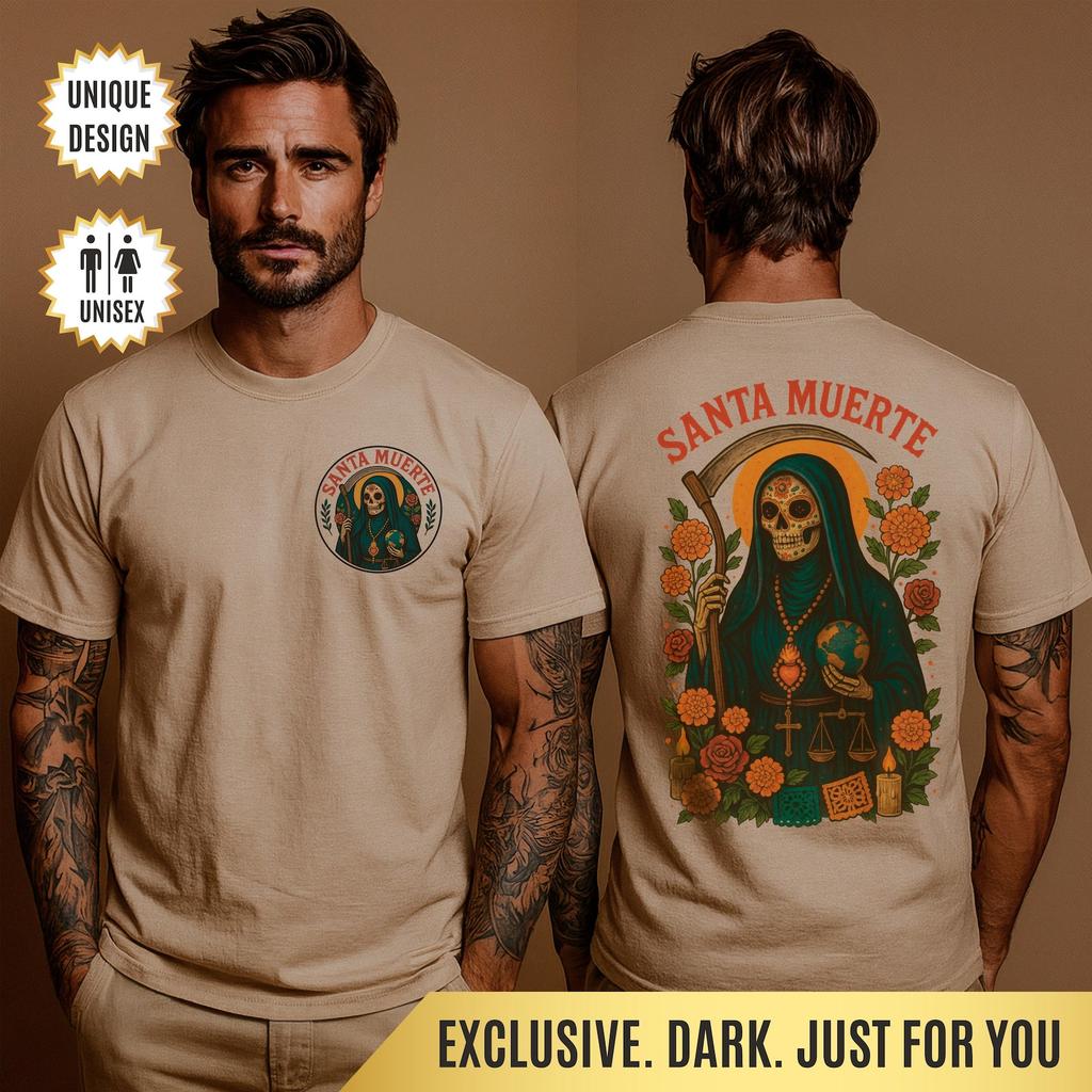 Santa Muerte T-Shirt Mexican Folk Saint Design | Día De Los Muertos Inspired Tee | Latino Folklore Gift for Devotion & Gothic Fashion