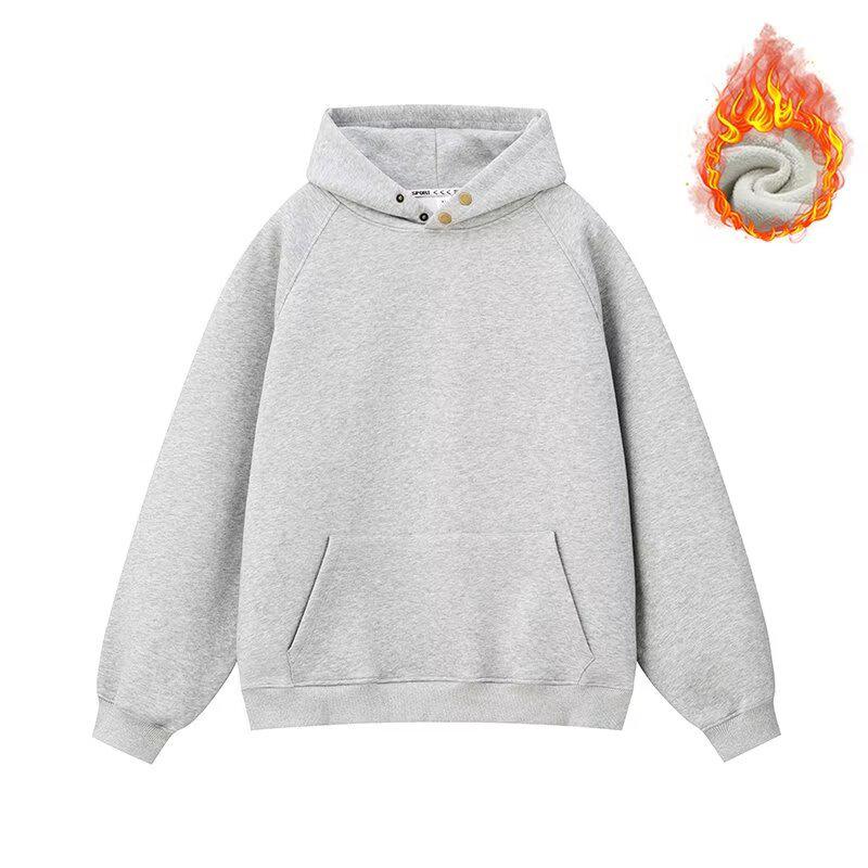 Men s Retro Cotton Hooded Sweatshirt - Heavyweight, Velvet-Lined, Loose Fit, Hong Kong Style, Autumn/Winter Trend. M серый/белый