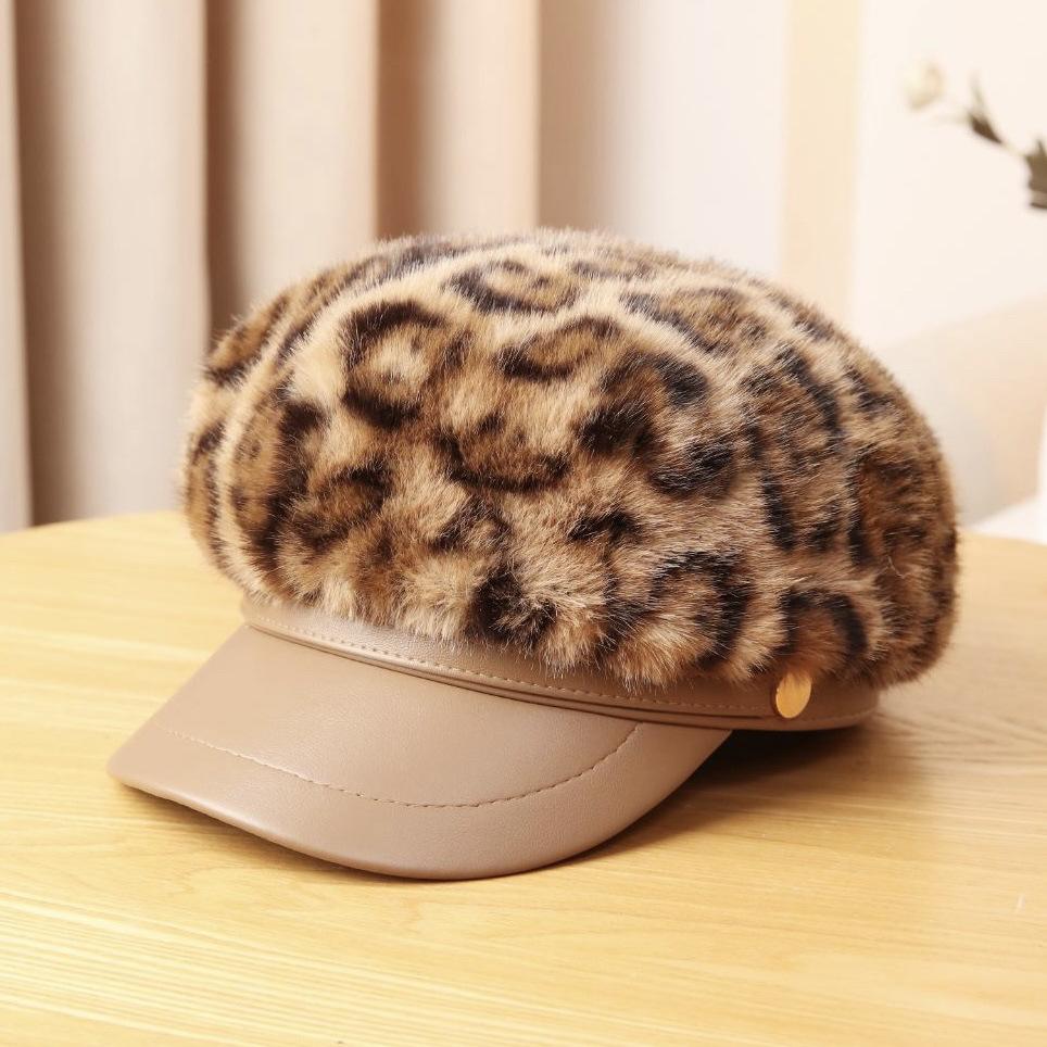 Fleece-lined Hat Winterstuffed Women's Leopard Print Octagonal Hat Fashionclassy Sense Peaked Cap