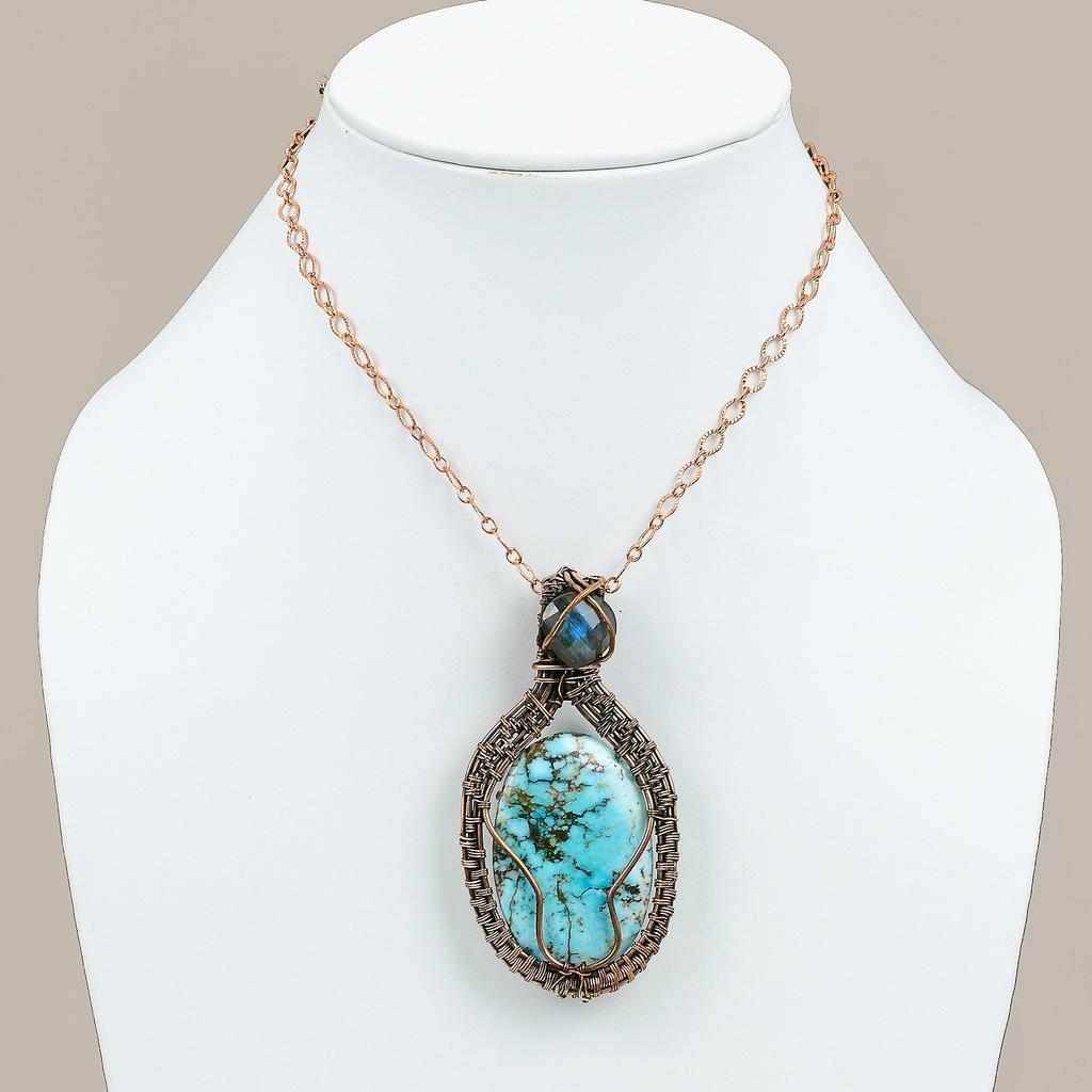 Tibetan Turquoise, Labradorite Copper Wire Wrap Gift Pendant 3.19 J0S25