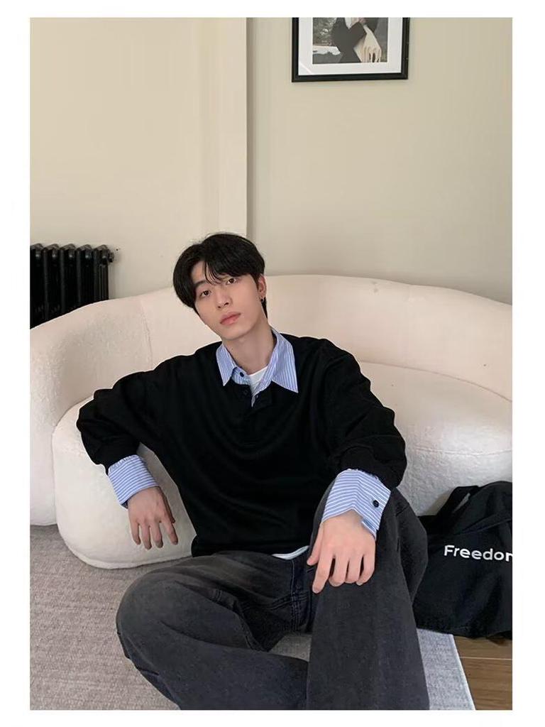Men's Color-Block Polo Sweatshirt: Fake Two-Piece, Loose Fit, Long Sleeve, Lapel Design, Spring/Autumn Casual Versatile Top.