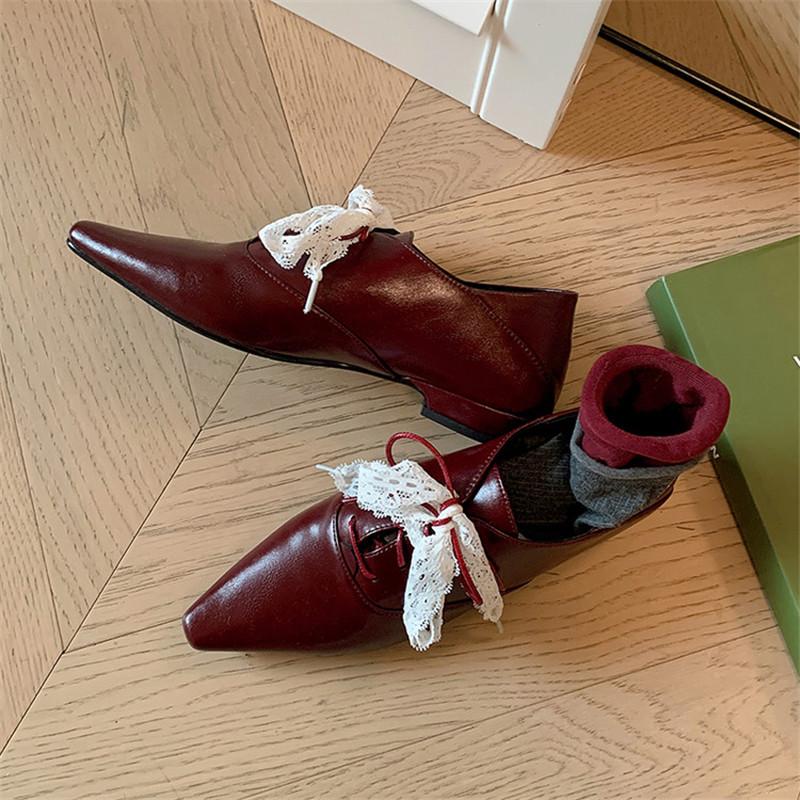 Fashion New Spring/autumn Genuine Leather Women Shoes Pointed Toe Shoes for Women Fashion Lace Loafers Low Heel Handmade Women Pumps