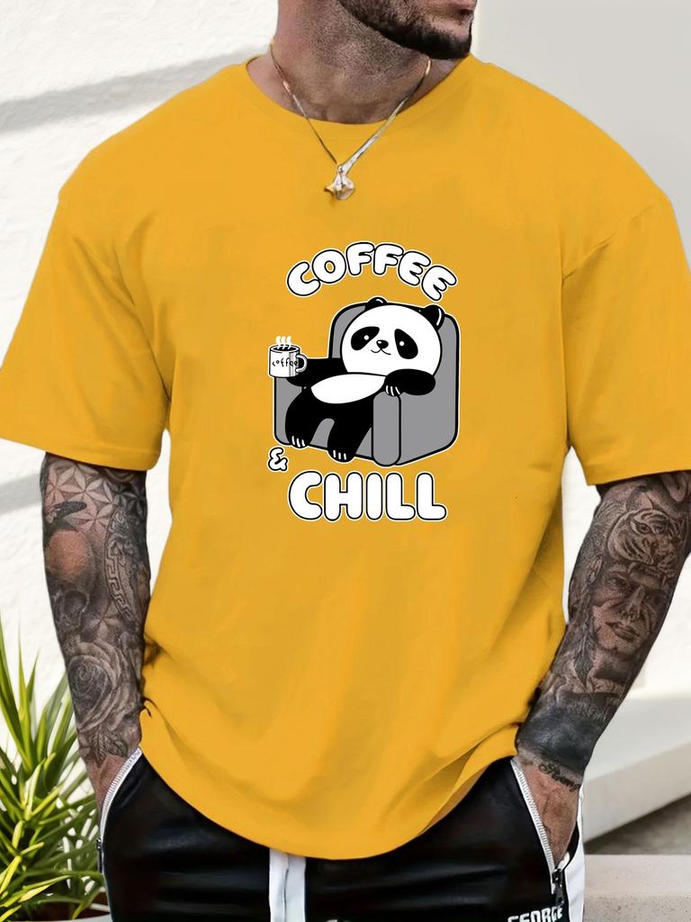 Mens Casual Tshirt Panda Coffee  Chill Print Short Sleeve Round Neck Breathable Soft Oversized Daily Wear Tee