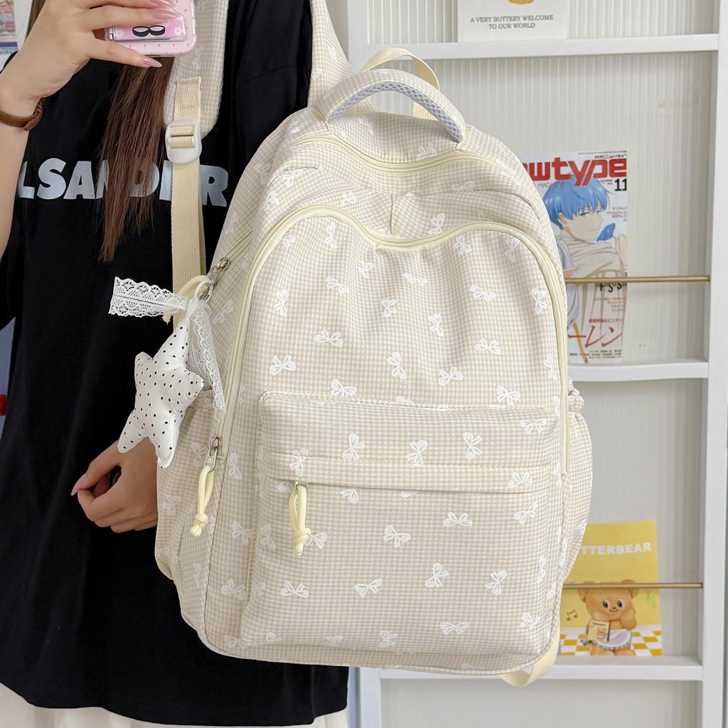 Schoolbag1011 New Plaid Printed Bow for Junior High School Girls, Versatile Large-capacity Lightweight Campus Solid-color Backpack