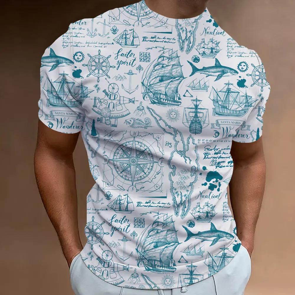 Ny T-skjorte 3D-trykket Nautisk Mønster Sommer Herre Klassisk Vintage T-skjorte Topp Herre Casual Oversized Rund Hals T-skjorte