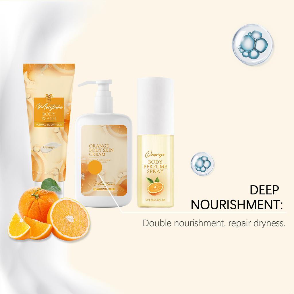 3Pcs Orange Scented Body Care Set Includes 100g Refreshing Body Wash 150ml Nourishing Body Cream 90ml Light Perfume Long Lasting Fragrance