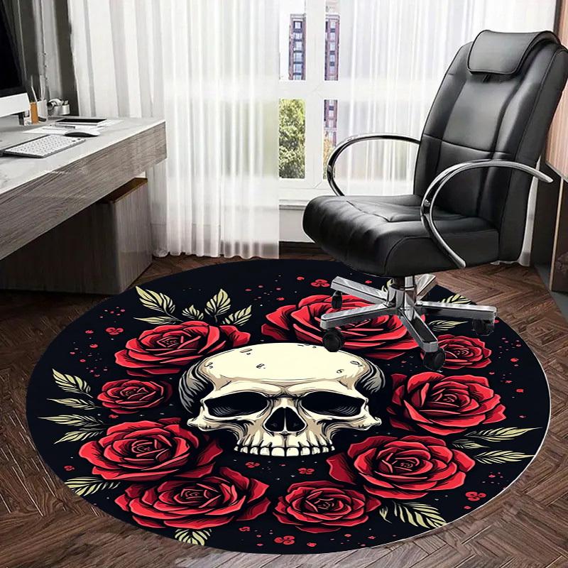 1pc Skull and Roses Tattoo Design Round Carpet, Made of Polyester,Perfect for Decorating Office Chairs, Living Rooms,Vibrant Decorative Rug