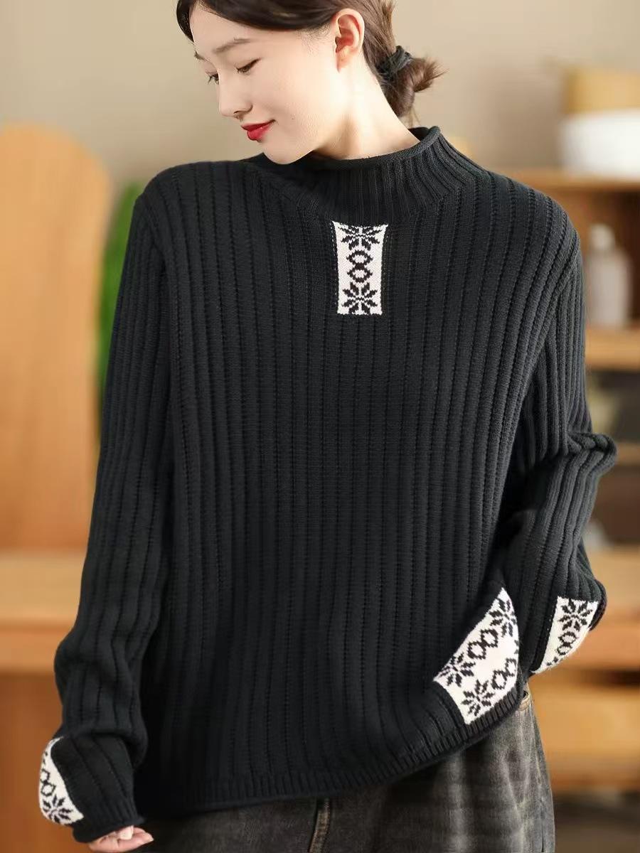 

Johnature Женский Зимний Нишевый Винтажный Свитер с Принтом Под Горло Длинные Рукава в Китайском Стиле Однотонный Свитер One Size чёрный