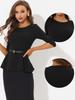Allegra K Peplum Blouse with Round Neck and Elegant Size S Women's 3/4 Sleeves, Belted, Workwear, Black,
