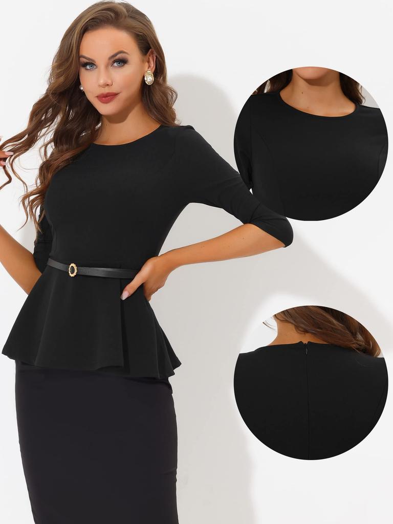 Allegra K Peplum Blouse with Round Neck and Elegant Size S Women's 3/4 Sleeves, Belted, Workwear, Black,