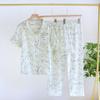 Women's Spring/Summer Pajama Set 100% Cotton Crepe Short Sleeves+Shorts+Pants Three Piece Thin Home Furnishings Pajama