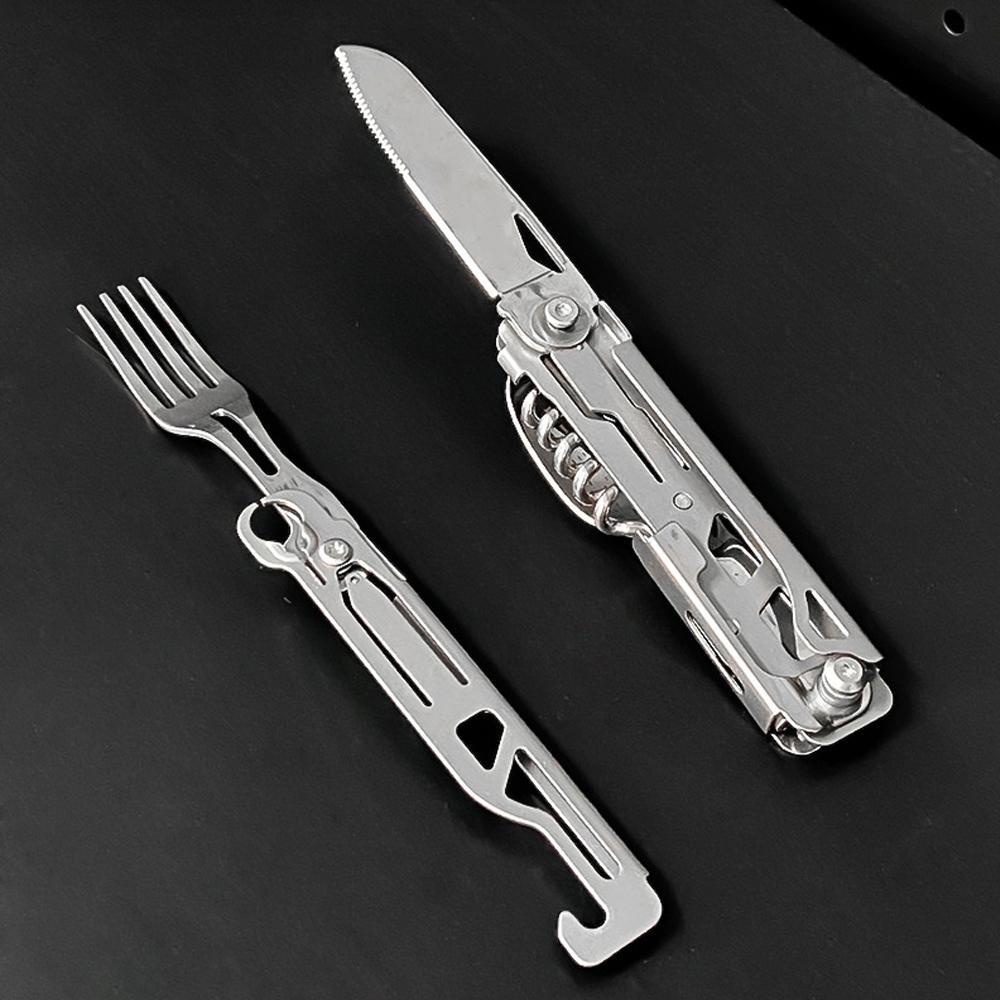 

Складной нож для выживания на открытом воздухе, многофункциональный инструмент для кемпинга, пикника, съемный нож, ложка-вилка, набор столовых приборов, портативный дорожный резак серебряный