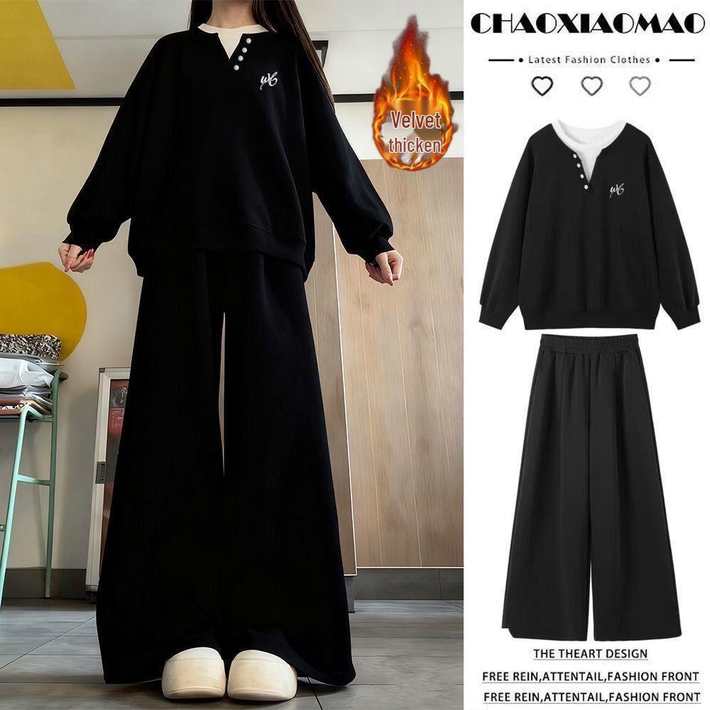 Korean Style Two-Piece Hoodie and Wide-Leg Pants Set for Women - Plus Velvet Thickened Fashion