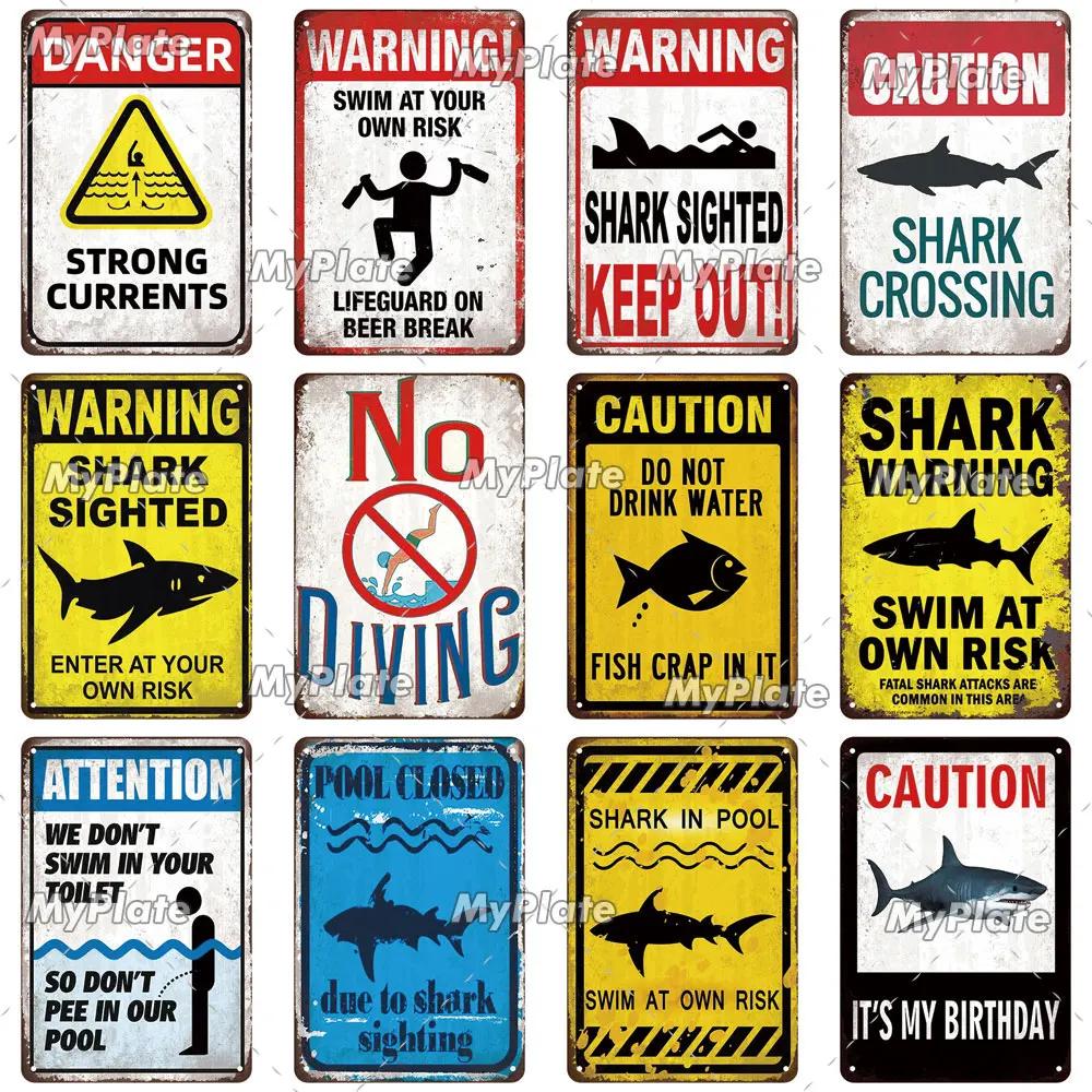 [MaPalte] Vintage Warning Sharks Metal Sign Tin Sign Decoration Plaque Home Wall Decor Bar Sign Home Decor Poster Drop Shipping