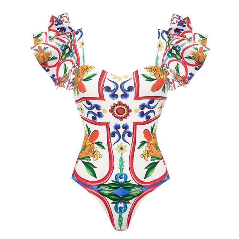 2024 European & American Women's Enamel Print Ruffle Swimsuit Set