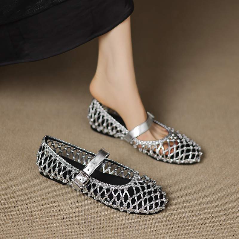 Krazing Pot Straw Weaving Mary Janes Summer Size 42 European Design Thick Flat with Women Women Round Toe Flats
