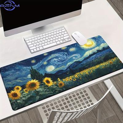 Van Gogh Starry Night Art Large Xxl Mouse Desk Mat AntiSlip Rubber Stitched Edge Gaming Keyboard Pad For Office Accessories