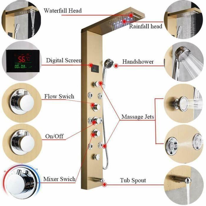 Shower Panel with LED Light, Waterfall, Digital Display, Shower Faucet Set, SPA, Massage Jets