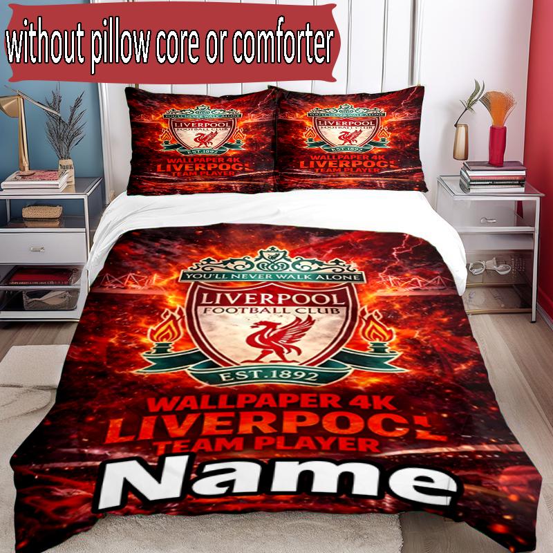 3pcs Duvet Cover Set (1*Duvet Cover + 2*Pillowcase, Without Core), Custom Name Liverpool F.C Pattern Bedding Set, Home Bedroom Decor Gift