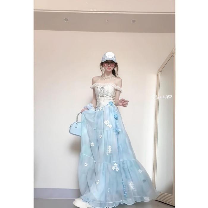 Summer new waist lace-up design one-word shoulder top with fairy mesh skirt long two-piece set
