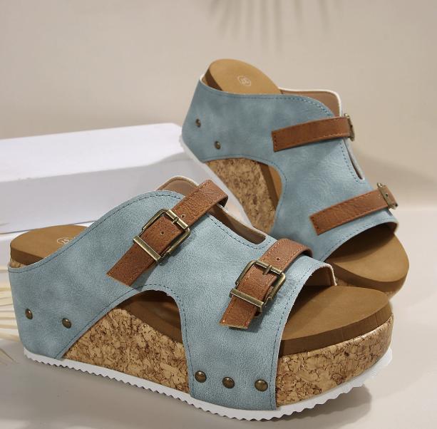 

women Metal Buckle Women s Wedge Slippers 2026 Vintage Rivet Platform Sandals Woman Pu Leather Plus Size Summer Shoes 43 43