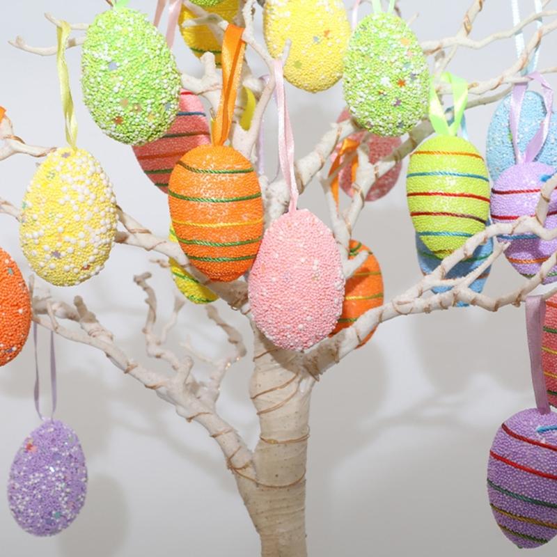 6PCS Set Easter Decorations Ornaments Bright Color Striped Foames Eggs Decorations for Easter Holiday Occasion