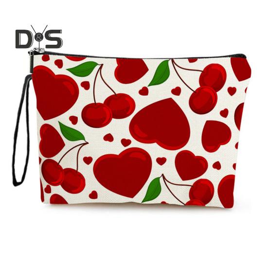 

Косметичка для хранения с принтом в виде сердца и вишни, контрастный цветной органайзер для макияжа, застежка-молния, большая вместимость, портативная, с ремешком для подвешивания, косметичка красный