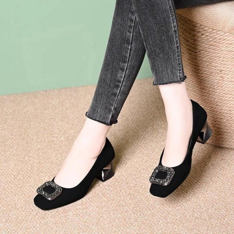Square buckle rhinestone square head shallow mouth single shoes women's new autumn thick heel not tired feet black high heels