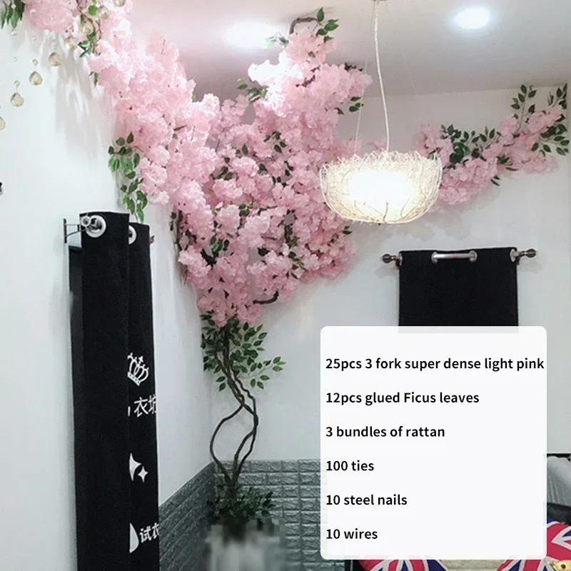 Artificial Cherry Tree Rattan Flower, Silk Wedding Background, Wall Decoration Flower, Home Decoration