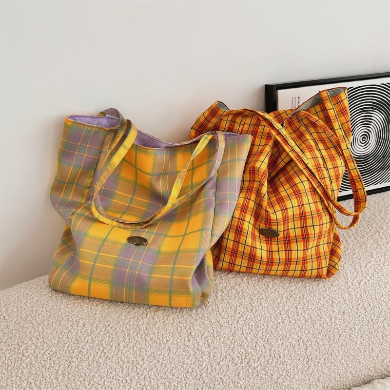 New Large-capacity Simple Shoulder Plaid Bag, Light Commuter Canvas Bag, Double-sided Dual-purpose Tote Bag