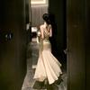 Swinging neck satin splicing chiffon pleated suspender dress waist thin hip skirt women's banquet evening dress