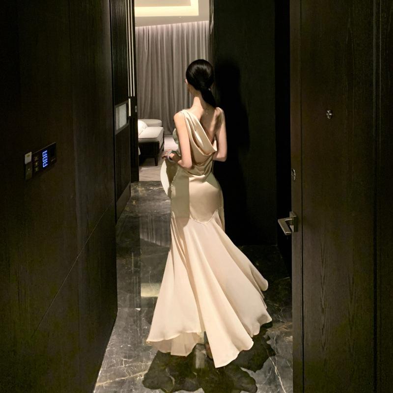 Swinging neck satin splicing chiffon pleated suspender dress waist thin hip skirt women's banquet evening dress