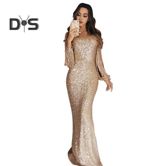 Women Prom Dress Tassel Sleeves Sheath Slim Fit V Neck Solid Color Sequin Fishtail Hem Evening Dress Cocktail Party Maxi Dress