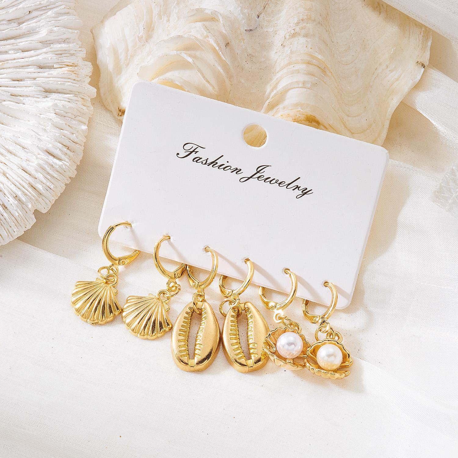 

6Pcs Boho Starfish Shell Scallop Earring Set For Women Imitation Pearl Metal Geometric Earring Beach Party Versatile Jewelry