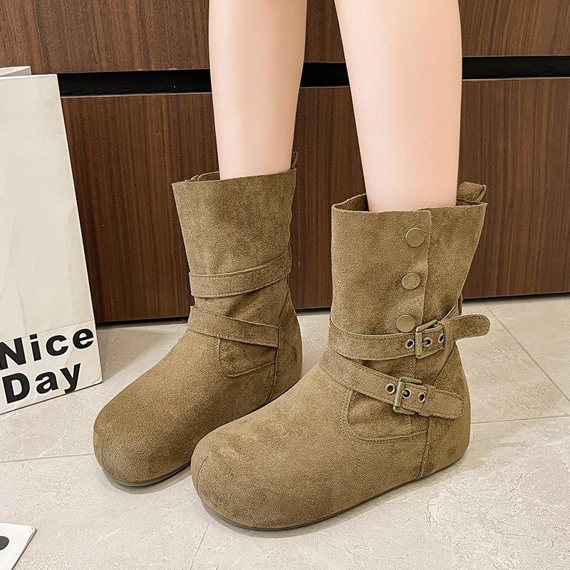 Wear Versatile New Belt Buckle Martin Boots with Soft Bottom for Inner Height Increase, Short Boots for Women, Thin Suede, Retro and Casual Two.